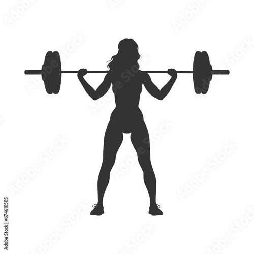 Squats with weight. Woman lifts big barbell. Vector illustration