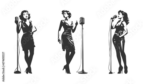 Singer woman 50s, black, white ink style. Vector illustration