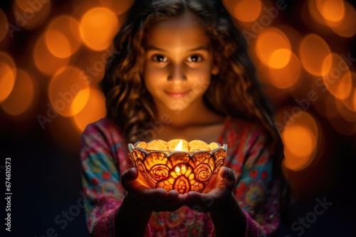 Indian lady holding lit candle for Diwali on blurred background. Happy diwali. Traditional symbols of Indian festival of light. Young Indian woman celebrating Karva Chauth at night