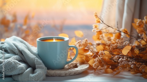 Canvastavla autumn and winter background, crate of a hot mug of coffee