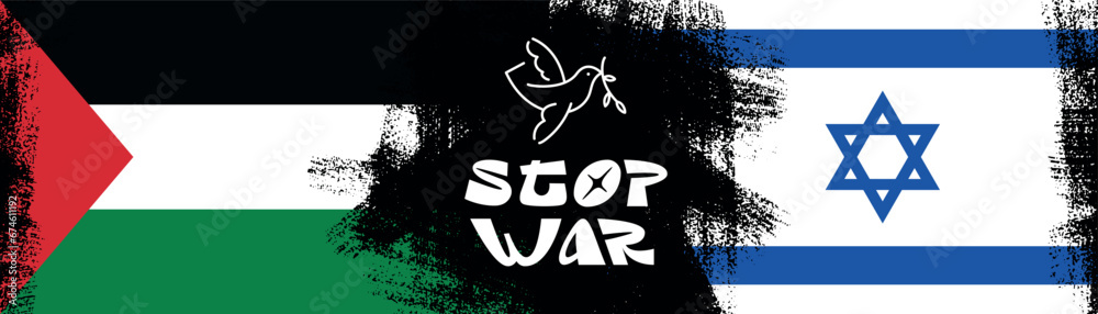 Stop war. Vector horizontal web banner with Palestine and Israel flag. White, green stripe, red triangle. White dove icon. Symbol of peace. Black brush stroke. Armed conflict. Invasion. Antiwar poster Stop war. Vector horizontal web banner with Palestine and Israel flag. White, green stripe, red triangle. White dove icon. Symbol of peace. Black brush stroke. Armed conflict. Invasion. Antiwar poster
