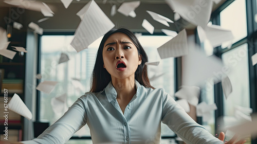 Asian businesswoman angry throwing papers over herself in office when job fails, unsuccessful project, work hard and Overworked and stressed Concept