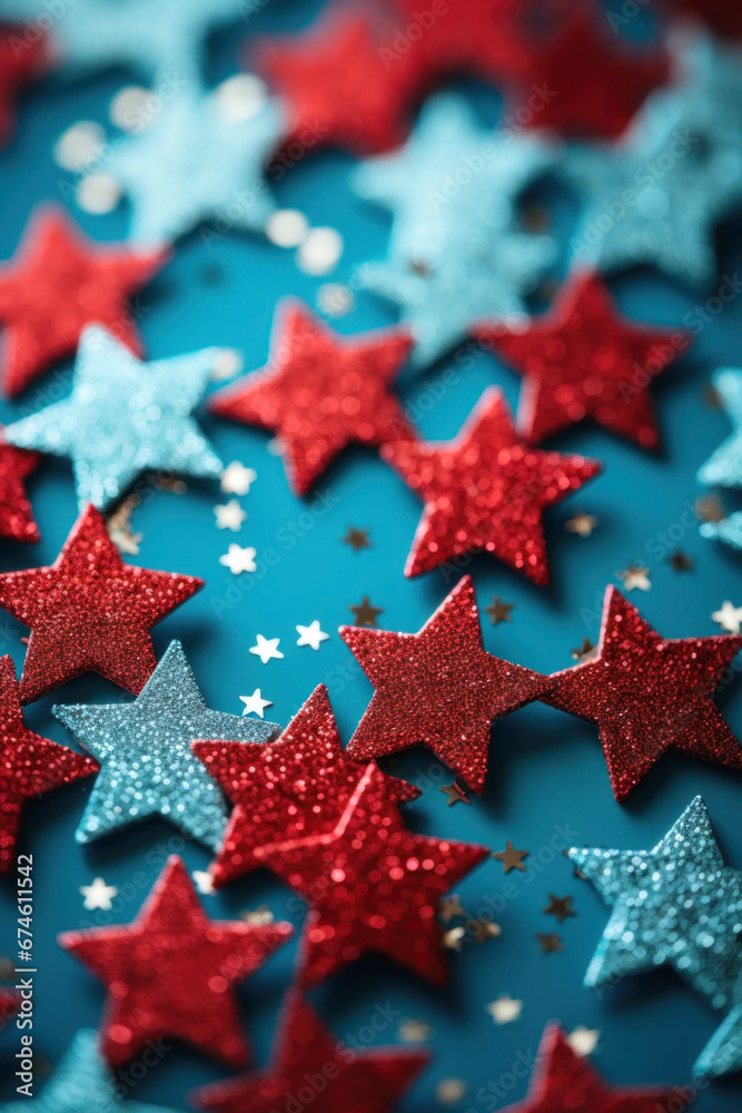 Holiday glitter decoration of stars on a blue surface, in teal and red color. Selective focus, background for a card,invitation or craft. Holiday glitter decoration of stars on a blue surface, in teal and red color. Selective focus, background for a card,invitation or craft.