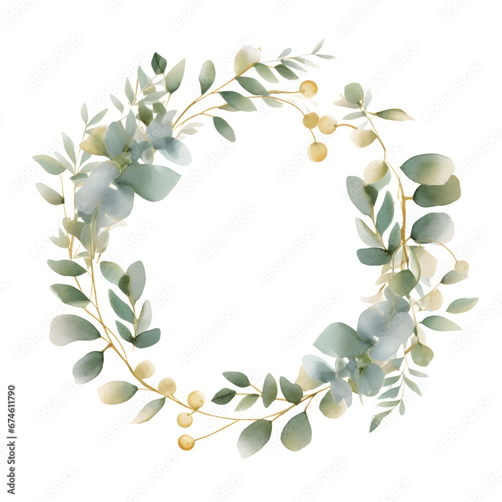 Eucalyptus wreath with golden elements. Floral frame. Watercolor illustration isolated on white. Greenery clipart for wedding invitation, greeting cards, decoration, stationery design. Generative AI