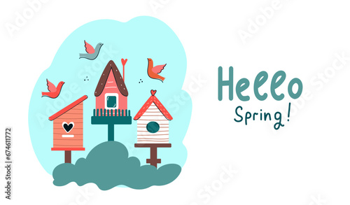 Spring birdhouse. Hello Spring  mood  banner greeting card. Vector cartoon flat illustration.