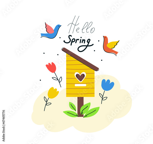 Spring birdhouse. Hello Spring  mood  banner greeting card. Vector cartoon flat illustration.
