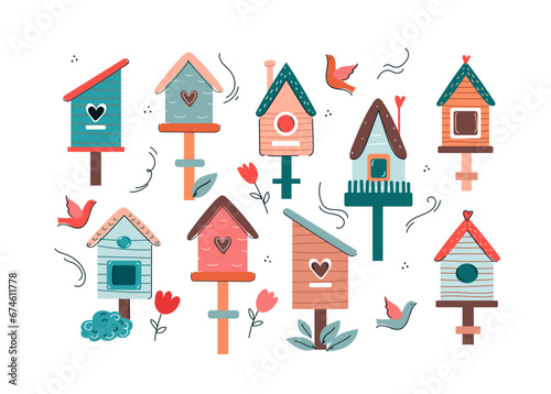 Spring birdhouse. Hello Spring  mood  banner greeting card. Vector cartoon flat illustration.