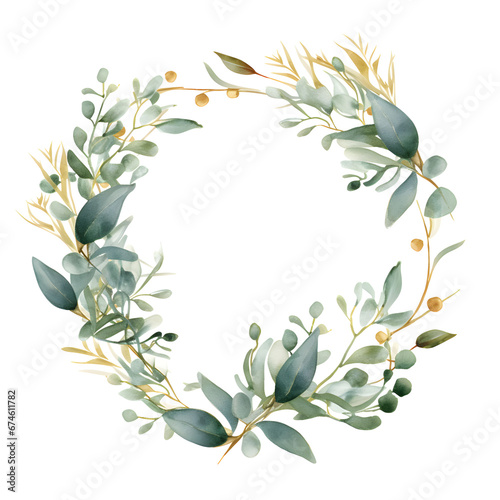 Eucalyptus wreath with golden elements. Floral frame. Watercolor illustration isolated on white. Greenery clipart for wedding invitation, greeting cards, decoration, stationery design. Generative AI