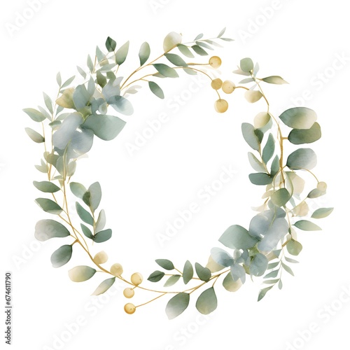 Eucalyptus wreath with golden elements. Floral frame. Watercolor illustration isolated on white. Greenery clipart for wedding invitation  greeting cards  decoration  stationery design. Generative AI