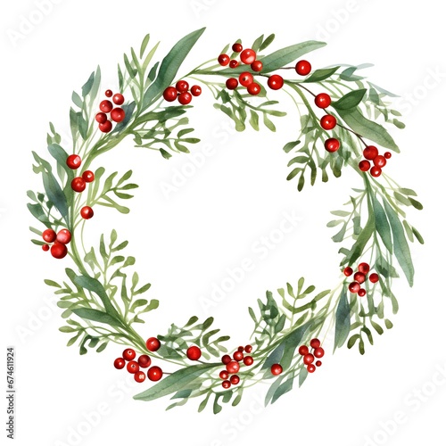 Watercolor Christmas Mistle Toe wreath. Hand drawn botanical winter plants. Generative AI