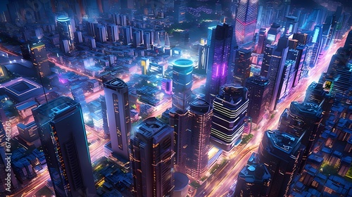 Futuristic city at night. Panoramic view of skyscrapers and high-rise buildings.
