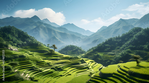 Tranquil rice terraces cascading down lush hillsides, a testament to the harmonious relationship between humanity and the land. Ai Generated.NO.04
