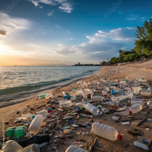 Plastic pollution and marine debris on the sea coast.Tropical beach harmful waste pollution. Problem destruction of ecosystems and habitat destruction