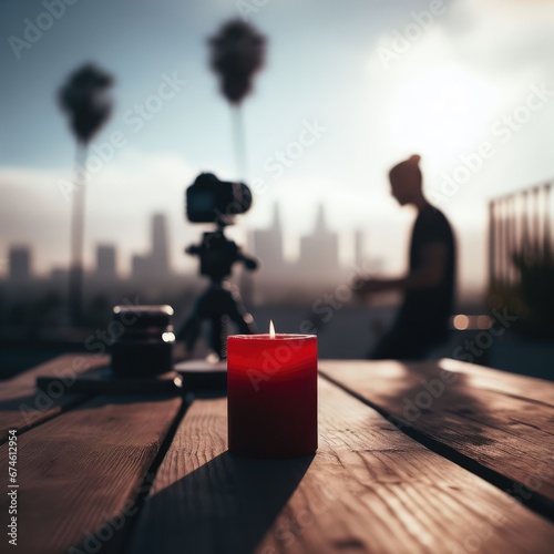 burning red candle on a wooden table background for social media proects 