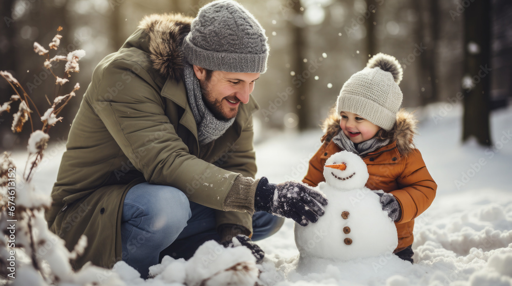 child makes a snowman in winter, childhood, white snow, kid, toddler, childhood, outdoor fun, new year, holidays, christmas, family, walk in the park, parents, together, happy, smile, love, dad, joy