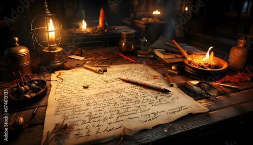 Lanterns on a table in a dark room with old papers and candles