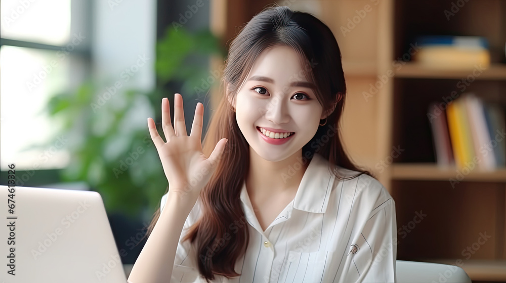 Attractive and happy young female Asian student studying online, sitting at desk, using laptop computer, having video chat, waving, education concept.