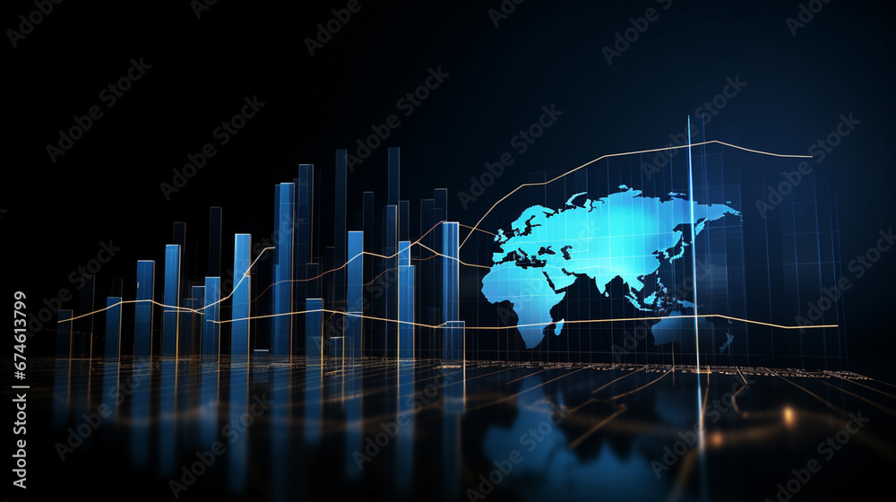Financial chart with moving up arrow graph and world map background. Generative AI. Financial chart with moving up arrow graph and world map background. Generative AI.