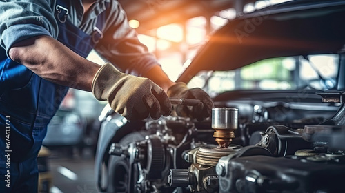 Auto mechanic repairman using a socket wrench working auto suspension repair in the garage, changing spare parts, checking the mileage of the car, checking and maintaining service concept. photo