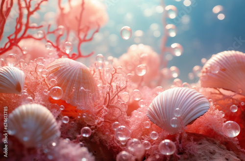 Creative underwater beach among shells and air bubbles in light red and light pink  colors. Summer vacation sea holiday background.