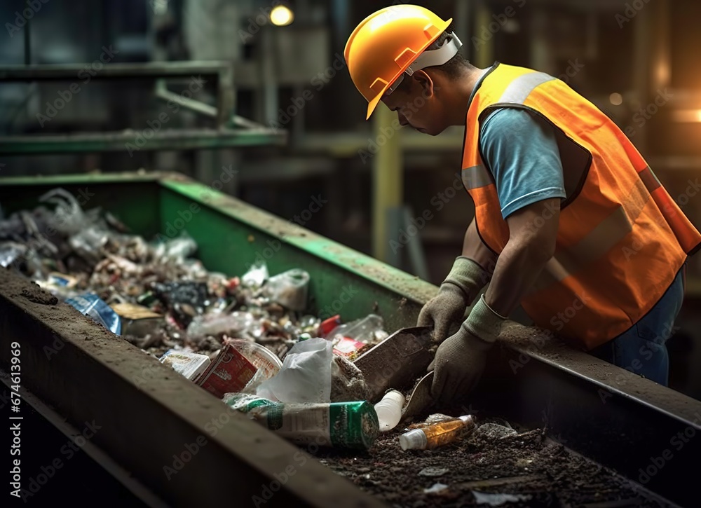 Worker sorts garbage on conveyor belt at waste recycling plant ...