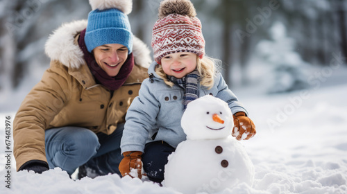 child makes a snowman in winter, childhood, white snow, kid, toddler, childhood, outdoor fun, new year, holidays, christmas, family, walk in the park, parents, together, happy, smile, love, dad, joy