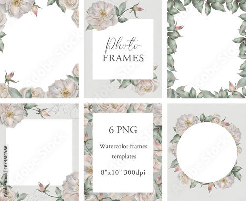 Roses frames templates. Borders bundle. Watercolor frames clipart with flowers. Transparent background.