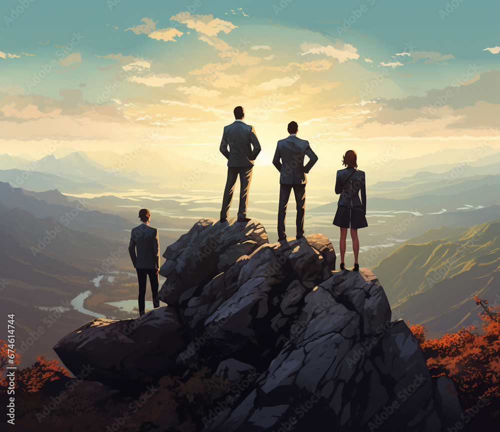A team of business hikers, silhouetted against a magnificent mountain sunrise, embodies teamwork, trust, and assistance as they climb to the summit. Generative AI. - obrazy, fototapety, plakaty 