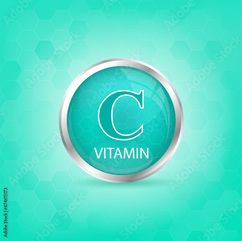 Vitamin C icon structure light green substance. Personal care, beauty concept. Medicine health symbol of thiamine. Drug business concept. Vector Illustration 3D Vitamin complex with chemical formula