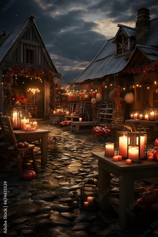 3D illustration of a small village in the night with Christmas decorations