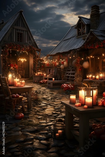 3D illustration of a small village in the night with Christmas decorations