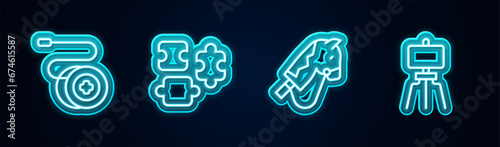 Set line Yoyo toy, Puzzle pieces, Toy horse and Wood easel. Glowing neon icon. Vector