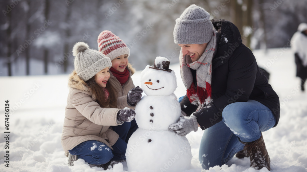 child makes a snowman in winter, childhood, white snow, kid, toddler, childhood, outdoor fun, new year, holidays, christmas, family, walk in the park, parents, together, happy, smile, love, dad, joy