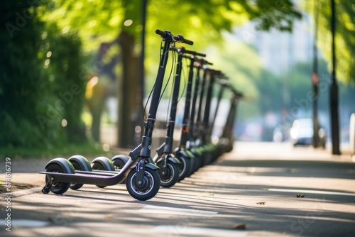 A row of electric scooters charging at a public charging station