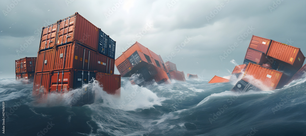 Group of shipping containers floating in the rough waters with big waves,concept for freight and transportation,containership accident - obrazy, fototapety, plakaty 