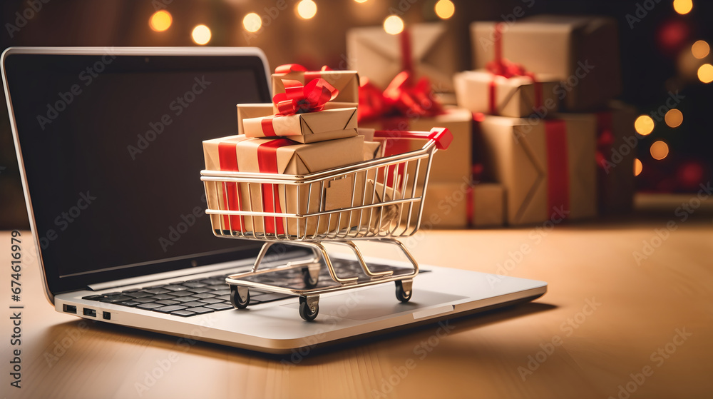 shopping cart filled with gift boxesgift boxes adorned with red bows sitting on top of a laptop computer. Online shopping for Christmas, holidays, or special occasions