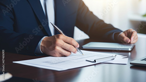 Businessman working at office with documents on his desk, doing planning analyzing the financial report, business plan investment, finance analysis concept photo