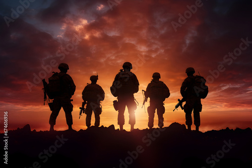 military soldiers' silhouettes standing atop a mountain, gazing at the setting sun. Evokes strength, unity, and a sense of accomplishment