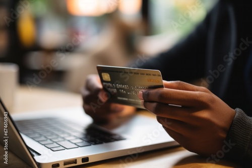 An individual seen from behind, holding a credit card while making an online payment photo