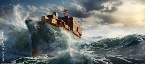 Shipping containers in a stormy ocean with big waves.copy text space on right side
