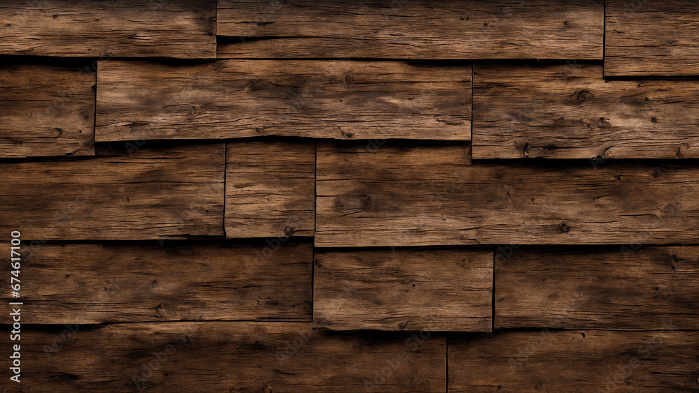 Naklejka premium Old rustic wooden wall. Rough mosaic wall made of uneven boards. Wood texture. Abstract background with copy space