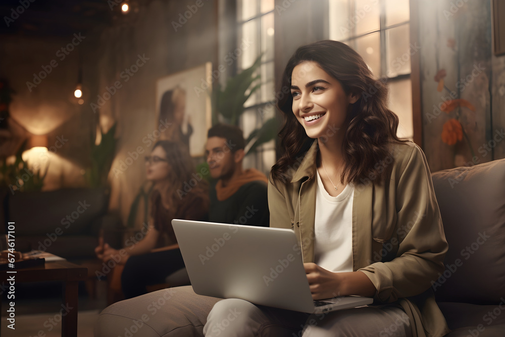 cheerful young woman holding her laptop on her thighs, with friends in the background. concepts of freelance services, online side hustles,online shopping with a vibrant and sociable ambiance cheerful young woman holding her laptop on her thighs, with friends in the background. concepts of freelance services, online side hustles,online shopping with a vibrant and sociable ambiance