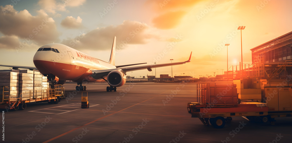 large cargo jetliner on an airport tarmac amidst boxes and pallets, bathed in the golden glow of sunlight. Perfect for world of logistics, cargo transport, and the beauty of aviation large cargo jetliner on an airport tarmac amidst boxes and pallets, bathed in the golden glow of sunlight. Perfect for world of logistics, cargo transport, and the beauty of aviation