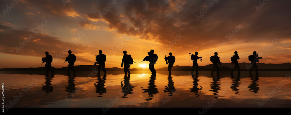 banner featuring the silhouettes of military soldiers against the backdrop of a striking sunset. Evoking themes of heroism, sacrifice, and patriotism - obrazy, fototapety, plakaty 