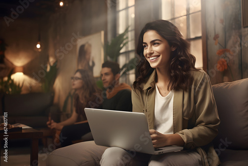  cheerful young woman holding her laptop on her thighs, with friends in the background. concepts of freelance services, online side hustles,online shopping with a vibrant and sociable ambiance