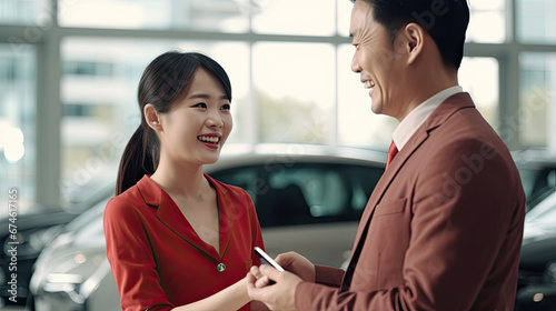 Car Dealership. The Asian woman receiving a car key with a smile from the salesman before hand over. Auto Leasing Business. Automotive Leasing and Dealing Business. International Business.