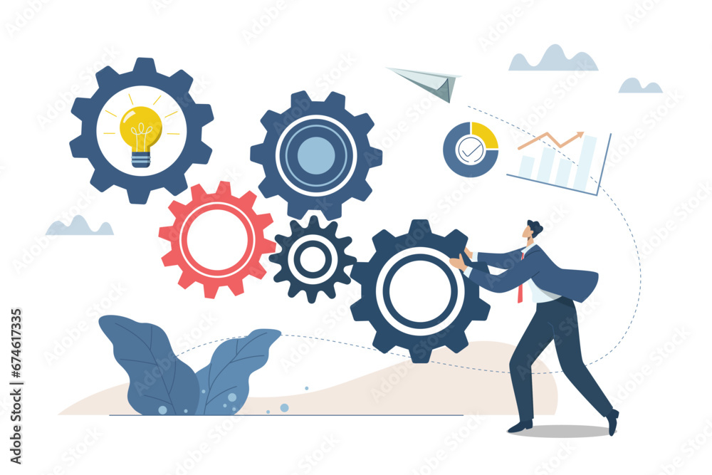 The connection of business mechanisms to drive success, Leadership to drive the team and start production, Connecting effective strategy concepts, Smart leaders are turning many gears or cog wheel.