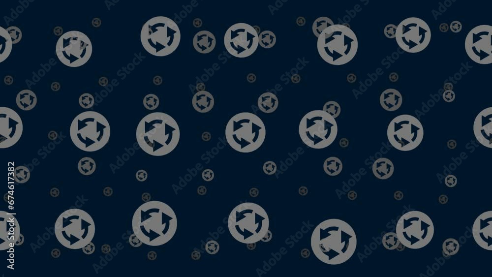 Roundabout signs float horizontally from left to right. Parallax fly effect. Floating symbols are located randomly. Seamless looped 4k animation on dark blue background Roundabout signs float horizontally from left to right. Parallax fly effect. Floating symbols are located randomly. Seamless looped 4k animation on dark blue background