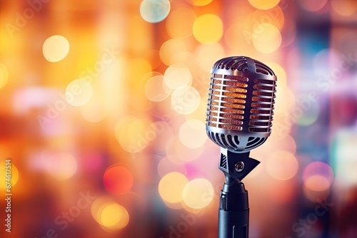 Vintage microphone. Classic audio equipment on stage. Retro mic in spotlight. Old fashioned sound technology. Live performance