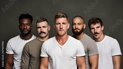 Group of men standing together, multicultural male beauty.